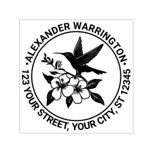Hummingbird on Floral Branch Name Return Address Self-inking Stamp