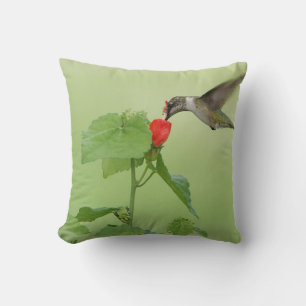 Hummingbird on Flower Blooms, Green Throw Pillow