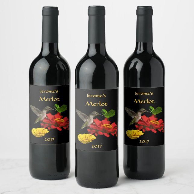 Hummingbird on Garden Flowers Wine Label (Bottles)