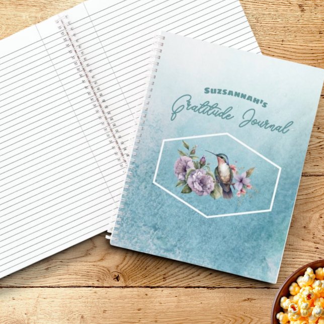 Hummingbird on Teal Watercolor Gratitude Cover Notebook (notebook cover template text)