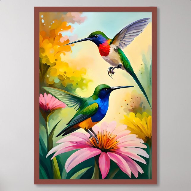 Hummingbird Painting: Couple Dancing Among Flowers Poster (Hummingbird Painting: Couple Dancing Among Flowers)