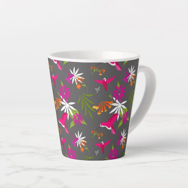 Hummingbird Pattern Pink Purple Grey Tropical Latte Mug (Right Angle)