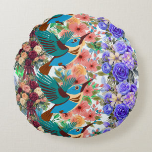 hummingbird pattern shirt, blue rose round pillow