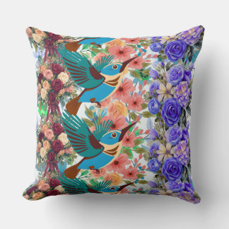 hummingbird pattern shirt, blue rose  throw pillow