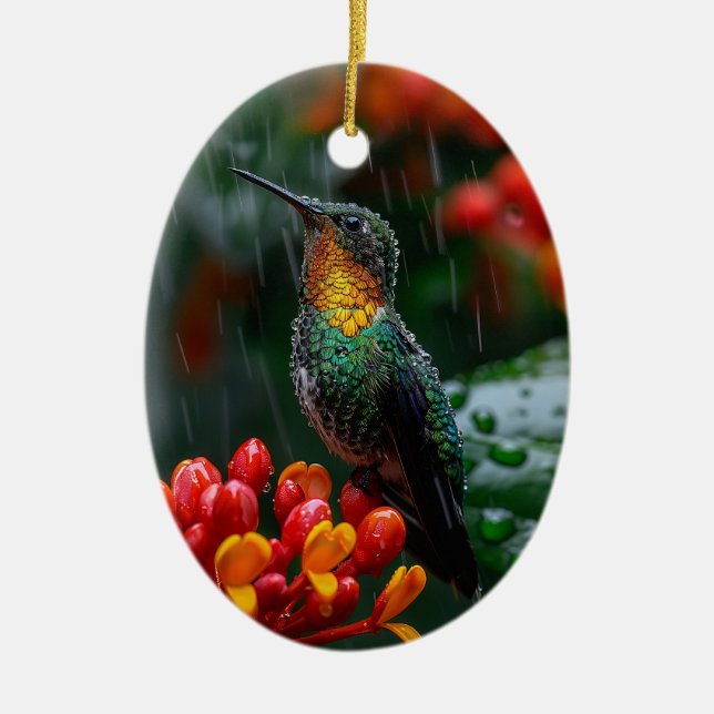 Hummingbird Perched on Bright Flower Ceramic Ornament (Front)