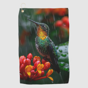 Hummingbird Perched on Bright Flower Golf Towel