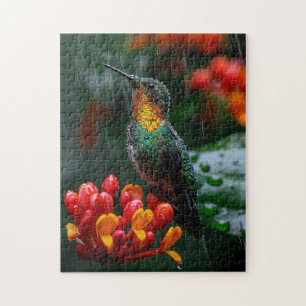 Hummingbird Perched on Bright Flower Jigsaw Puzzle