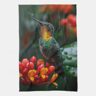 Hummingbird Perched on Bright Flower Kitchen Towel