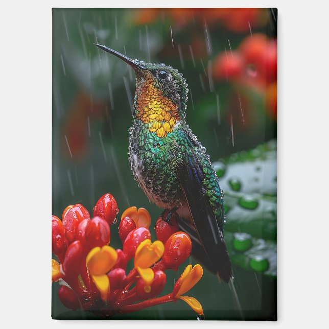 Hummingbird Perched on Bright Flower Magnet (Front)