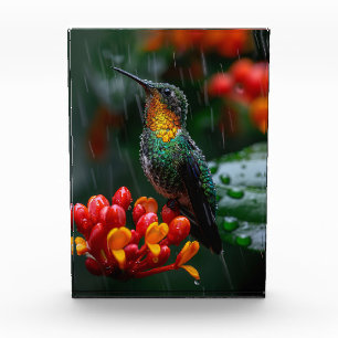 Hummingbird Perched on Bright Flower Photo Block