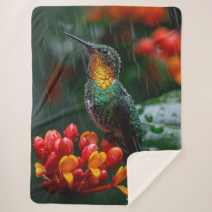 Hummingbird Perched on Bright Flower Sherpa Blanket