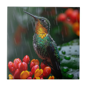 Hummingbird Perched on Bright Flower Tile