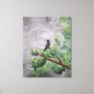 Hummingbird Perched on Leafy Branch Canvas Print