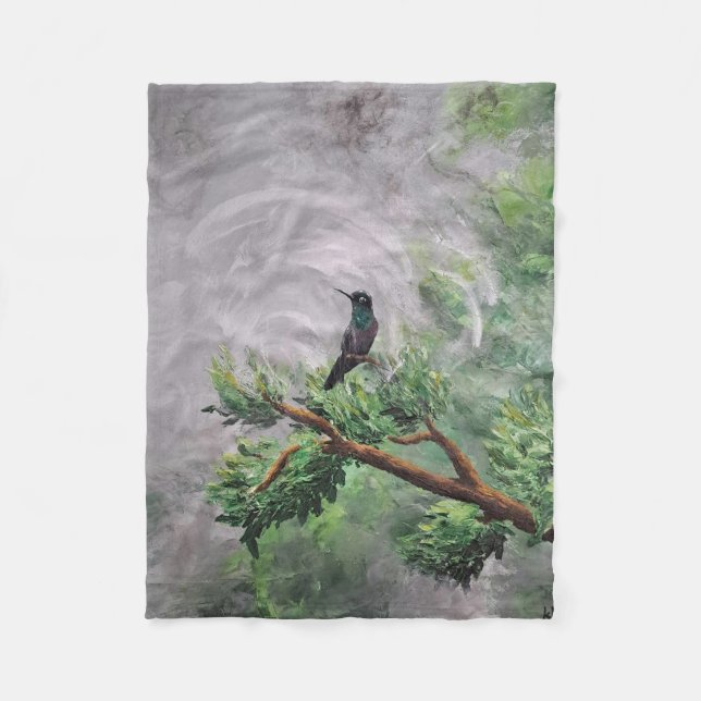 Hummingbird Perched on Leafy Branch Fleece Blanket (Front)