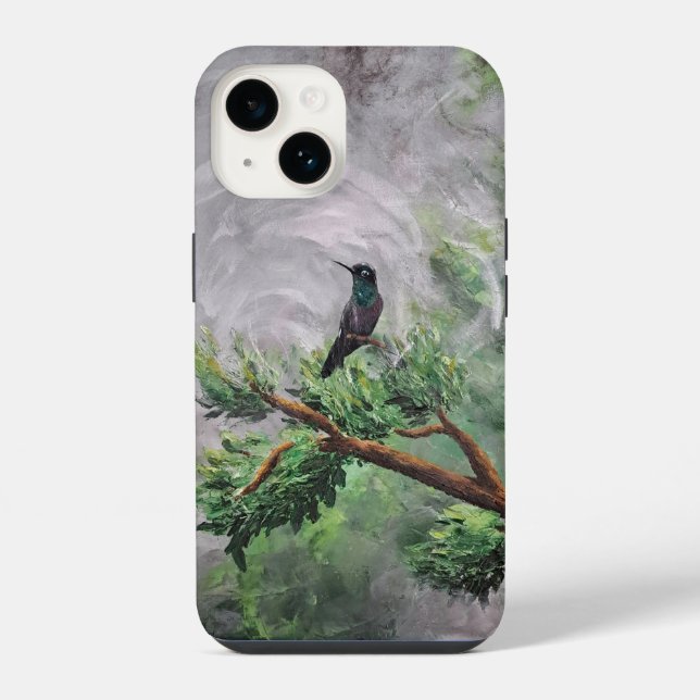 Hummingbird Perched on Leafy Branch iPhone Case (Back)