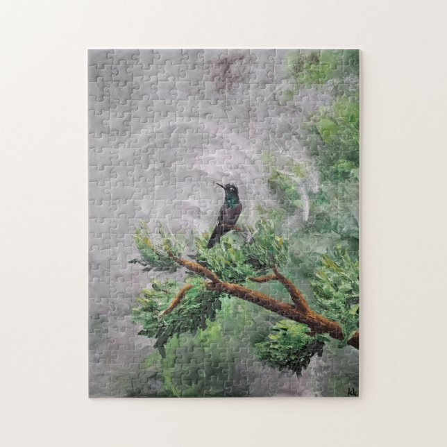 Hummingbird Perched on Leafy Branch Jigsaw Puzzle (Vertical)