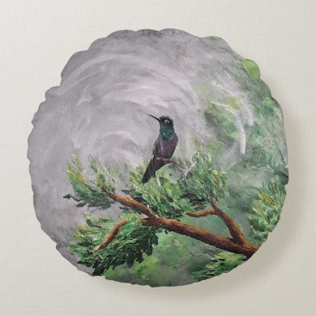 Hummingbird Perched on Leafy Branch Round Pillow (Front)
