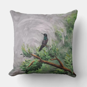 Hummingbird Perched on Leafy Branch Throw Pillow