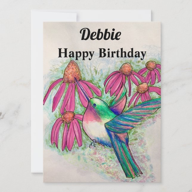 Hummingbird Pink Coneflowers Birthday Card (Front)