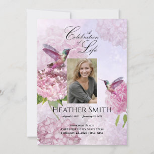 Hummingbird Pink Hydrangeas Celebration of Life Invitation