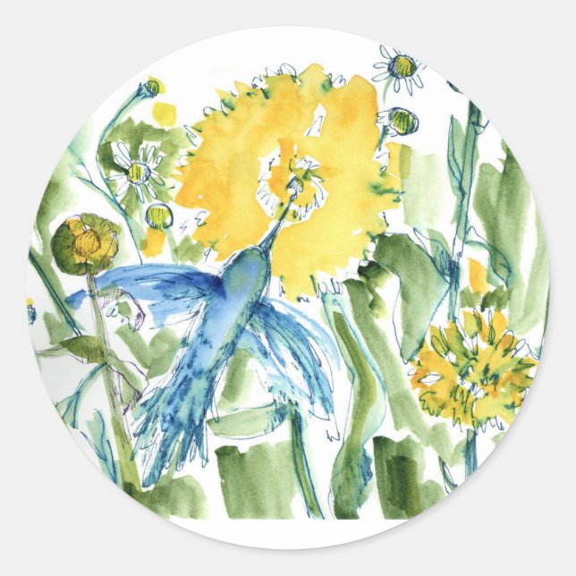 Hummingbird Pollinator Garden Watercolor Classic Round Sticker (Front)