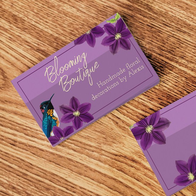 Hummingbird Pretty Purple Clematis Floral Boutique Business Card (Creator Uploaded)