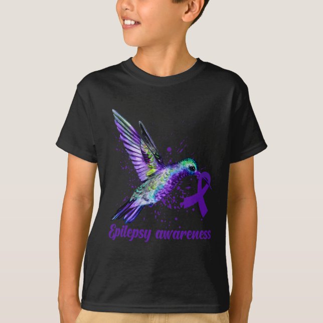 Hummingbird Purple Ribbon Epilepsy Awareness Month T-Shirt (Front)