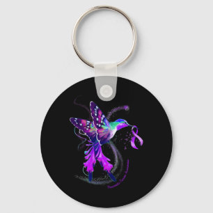 Hummingbird Purple Ribbon Pancreatic Cancer Awaren Keychain