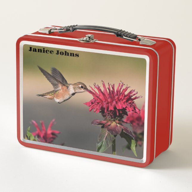 Hummingbird Red Flower Metal Lunch Box (Front)