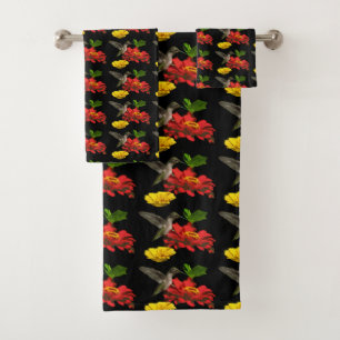 Hummingbird Red Yellow Flowers Pattern Bath Towels