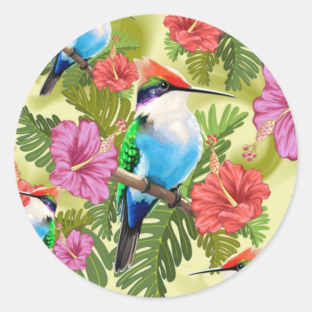 Hummingbird resting and Hibiscuses Classic Round Sticker (Front)