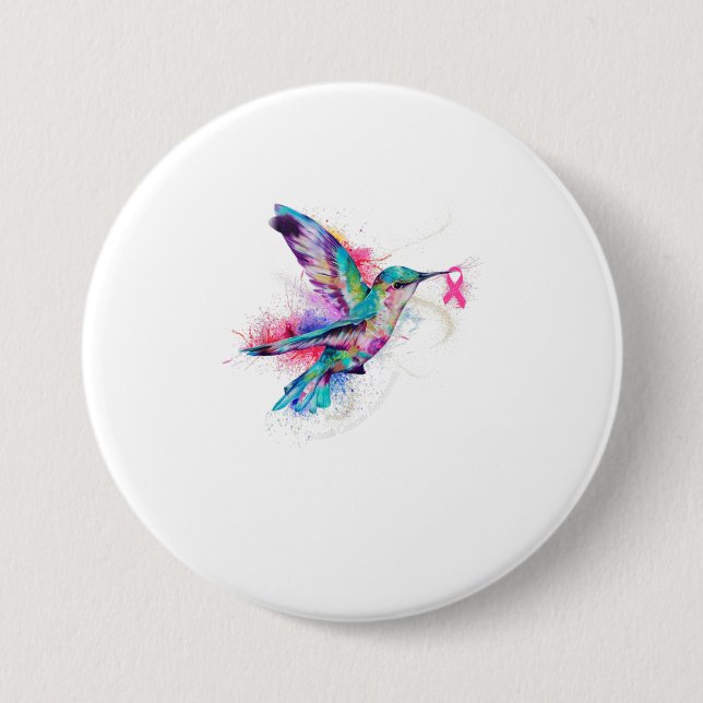 Hummingbird Ribbon Breast Cancer Awareness 3 Inch Round Button (Front)