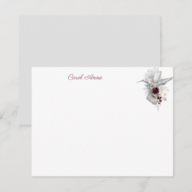 Hummingbird & Roses Personalized Flat Note Card (Front/Back)