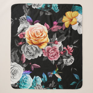 Hummingbird, roses: watercolor black background sherpa blanket