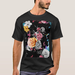 Hummingbird, roses: watercolor black background T-Shirt