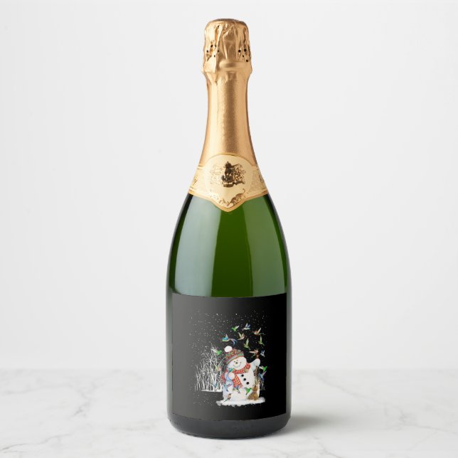 Hummingbird Snowman Merry Christmas Sparkling Wine Label (Front)