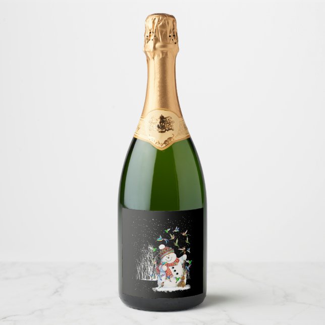 Hummingbird Snowman Merry Christmas Sparkling Wine Label (Front)