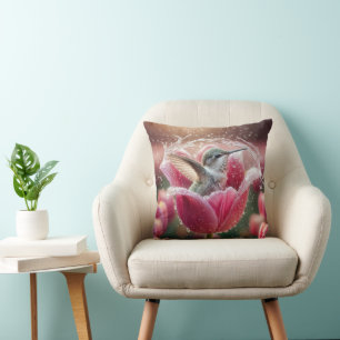 Hummingbird Splashing In a Tulip Throw Pillow