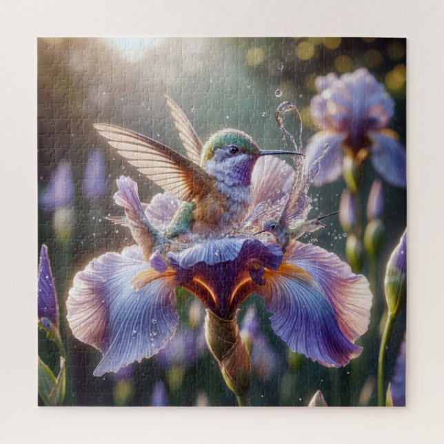 Hummingbird Splashing In An Iris  Jigsaw Puzzle (Vertical)