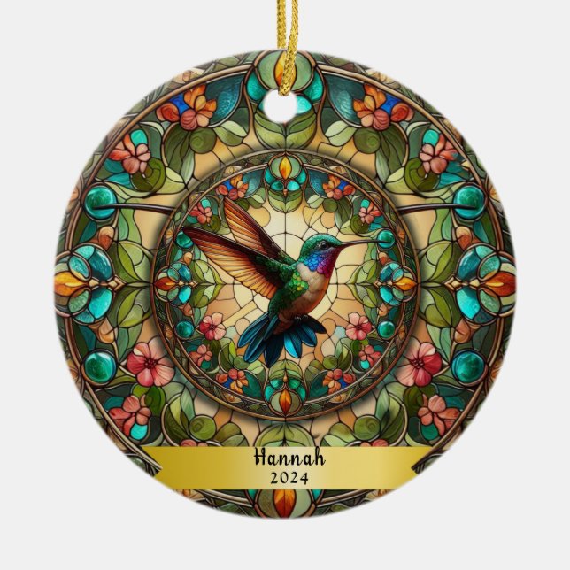 Hummingbird Stained Glass Look Personalized  Ceramic Ornament (Front)