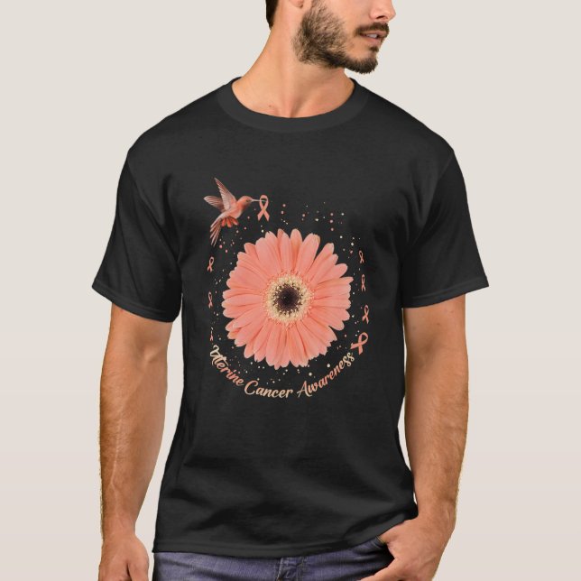 Hummingbird Sunflower Peach Ribbon Uterine Cancer T-Shirt (Front)
