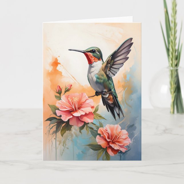 Hummingbird Surrounded by Beautiful Flowers Blank Card (Front)