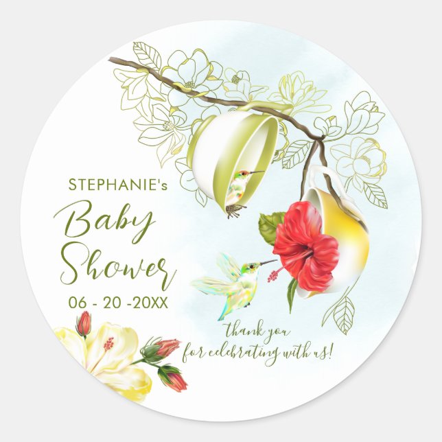 Hummingbird Tea Party Baby Shower Classic Round Sticker (Front)