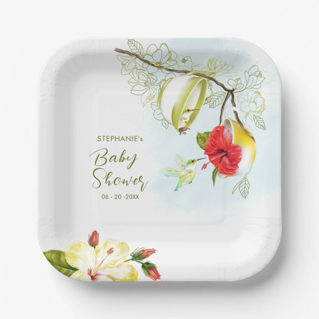 Hummingbird Teacup Floral Paper Plate (Front)
