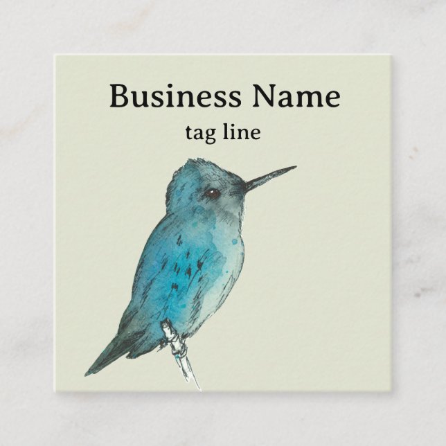 Hummingbird Tree Branch Blue Watercolor Square Business Card (Front)