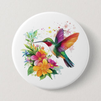 Hummingbird Tropical Flowers 3 Inch Round Button