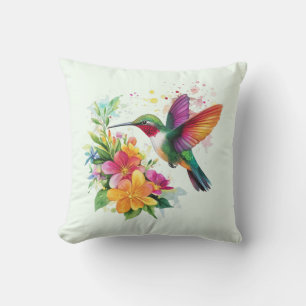 Hummingbird Tropical Flowers Throw Pillow