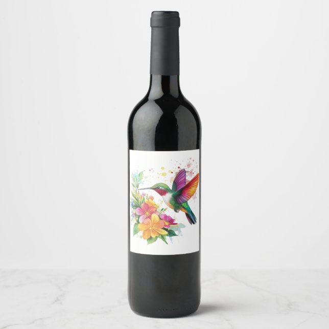 Hummingbird Tropical Flowers Wine Label (Front)