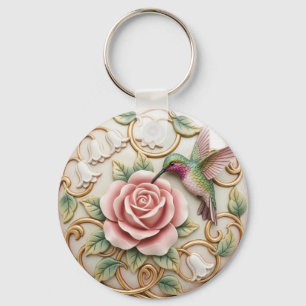 Hummingbird Vintage Victorian Pink Rose Floral Keychain
