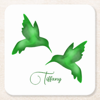 hummingbird watercolor vibrant green saturated square paper coaster